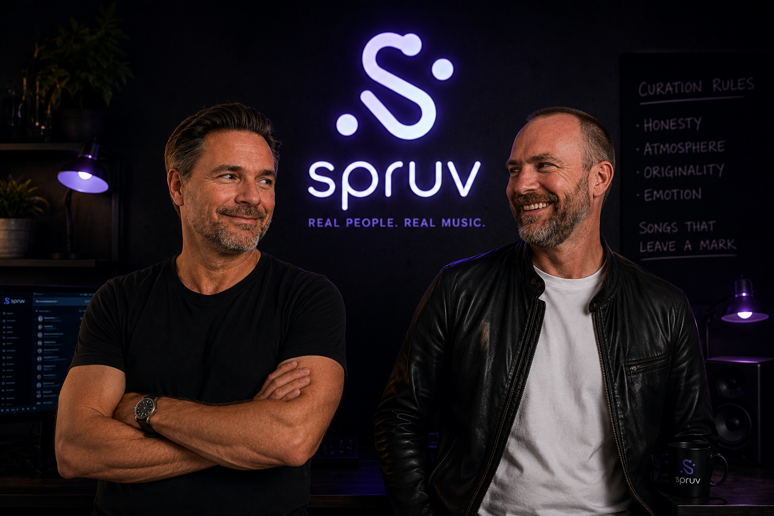 The two founders of SPRUV standing beneath the illuminated SPRUV logo